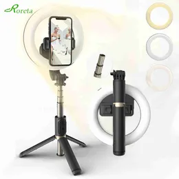 Tripods Roreta Wireless Selfie Selfie Monopod z dużym pierścieniem LED Photography Light Remote Shutter do YouTube wideo na żywo J230427