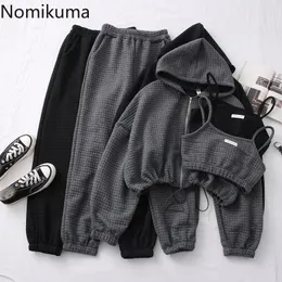Костюмы Nomikuma, Новое поступление, женский комплект из трех предметов, куртки с капюшоном и длинными рукавами на молнии, короткие брюки с высокой талией, повседневная одежда