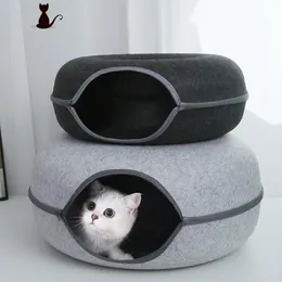 Toys Round Cat Donut Bed with Zipper Cat House Basket Natural Felt Rabbit Cave Nest Funny Interactive Pet Tunnel Toy Cat Accessories