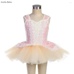 Сценическая одежда 23025, розовый лиф из спандекса с блестками и пышной тюлевой юбкой-пачкой цвета слоновой кости, детский балетный костюм для выступлений, танцев для девочек