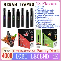 Original Iget Legend 4000 Puffs engångs elektroniska cigaretter 14 ml POD Device -kit Förfylld pod 1500mAh Battery Disposable Vape Penns Kit