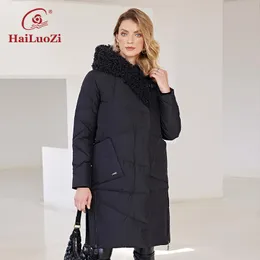 Leather HaiLuoZi 2022 New Winter Women's Jacket Long Thick Bio Cotton Pocket Hood Zipper Lamb Fur Female Clothing Parkas Women Coat 51