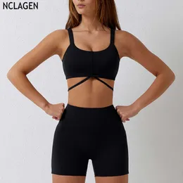 Yoga-Outfit NCLAGEN Yoga-Anzug Hüftheben Laufen Fitnessstudio Sport Enges zweiteiliges Set Damen BH und Shorts Sporthose Laufen Sexy Leggings P230504