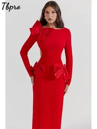 Casual Dresses Red Zip Bow Backless Gown Maxi Dress Long Sleeve Split Back Button Cut Out Christmas Party Festival Evening Vestidos Club