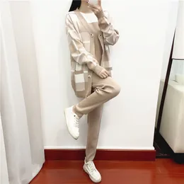 Women's Two Piece Pants Autumn Winter Plaid Knit Tracksuit Cardigan sweater coat short sleeved top Solid Harem 3 Set Women 230426