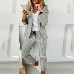 Femmes Deux Pièces Pantalon Ensemble Femmes Tenue 2023 Mode Plaid Imprimer Manches Longues Élégant Blazer Manteaux Cordon Bureau Layd Travail