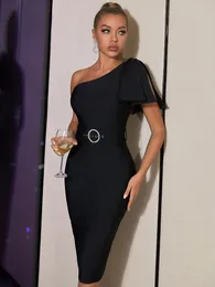 Casual Dresses Seamyla One Shoulder Black Bow Women's Bodycon Bandage Dress Outfits Summer Diamonds Sashes Celebrity Evening Party Club