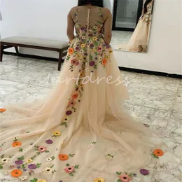 Glamous Champagne Prom Dress With Colorful Flowers O Neck Sleeveless Tulle Evening Dress Long Train Engagement Reception Party Gowns 2024 Formal Dresses For Women