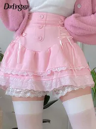 Saia darlingaga lolita estilo doce rosa renda guarnição cintura alta mini saia feminina harajuku coreano amarrar saia plissada dupla camada bonito