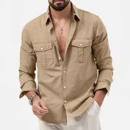 Camisas casuais masculinas camisa de moda cor sólida bolsos único breasted manga longa lapela carga e blusa outwear topos roupas para homem