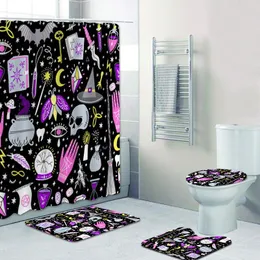 Tende Girly Bohemian Nero Alchimia Magia Strega Stregoneria Bagno Tende da doccia Set Halloween Teschio Tarocchi Tappetini da bagno Tappeto Decorazioni per la casa