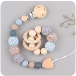 Pacifier Holders Clips# 12Pcs Cute Wooden Clip Chain Geometric Crochet Beads Bag Wood Teether for Baby Holder Dummy 230426