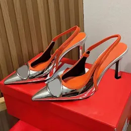 Metallic Letter High Heels Women Retro Fashion Pekade tår Slingbacks Kitten Hälar Sandaler Lyxdesigner denim Blue Dress Shoes Office Party Shoe Shoe