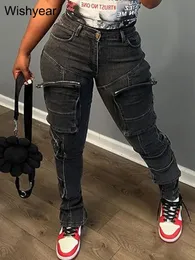 Calças de brim femininas elegante multi bolso frontal zíper voar lápis para mulheres rua outono inverno calças jeans sexy rave clube streetwear calças 231127