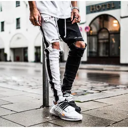 Erkekler Kot Beyaz Siyah Riplip Sıkıntılı Moda Erkekler Denim Pantolon Tasarımcı Marka Hip Hop İnce Birleştirme Sweatpants Man Street Giyim 2023