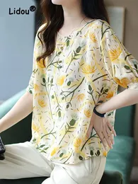 BLOUSE ELEGANCE blommig lös blus kvinnor sommar ny kort ärm enkel rund hals koreansk tryck mode allmatch pullover skjorta