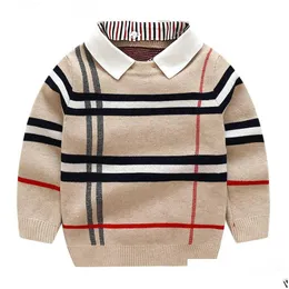 Pullover Kids Sweatters Autumn Toddler Toddler Boy Sweter długi rękaw fałszywy dwuczęściowy dzianin chłopcy ubrania dzieci odzież 2-7y Del dhije