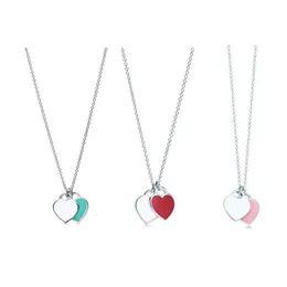 Beliebte Halskette Doppelherz 925 Silber Emaille Liebeshalsband Kette Rosa Blaues Herz Einfaches Valentinstagsgeschenk für Freundin mit Geschenkbox