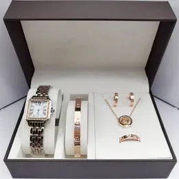 デザイナーの腕時計6pc女性用のハートジュエリーセット付きの可dainなクォーツ時計ラインストーン時計ダブルハートネックレスブレスレットイヤリングリングセット