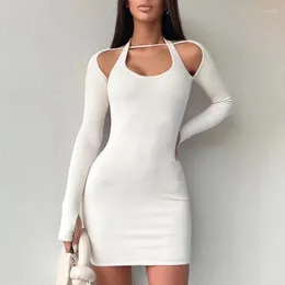 Casual Dresses 2023 Summer Female Sexy Hollow Out Hanging Neck Lumbal Pure Color Long Sleeve Package skinkor Tät klänning