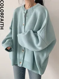 Sweaters ColorFaith Yeni 2022 Sonbahar Kış Kadın Sweaters hırkaları Vintage Örme Vahşi Büyük Boy Koreli Moda Lady Top SWC18319