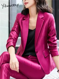 Pantaloni a due pezzi da donna Yitimuceng Set di seta brillante 2023 Ufficio da donna Colletto rovesciato Blazer a bottone singolo Abiti skinny solidi 231127