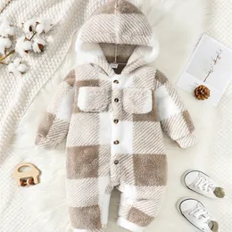 Rompers Baby Boys and Girls Plaid Romper Hooded Långärmad plysch Jumpsuit Vinter varma bodysuitkläder i 3 24 månaders småbarn Boy 231124