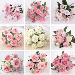 Kwiaty dekoracyjne sztuczna dekoracja różowa piwonia róży bukiet | Jedwabny piękny fałszywy kwiat dla rodzinnego deco ślubu