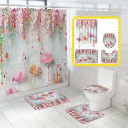 Täcker mode flamingo blommor vinstintryck hem dekor badrum toalettuppsättningar duschgardin mattor matta hem textil set rideau de douche