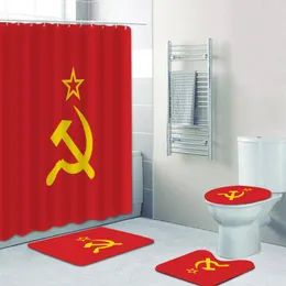 Curtains Red Soviet Socialist Republic USSR Flag Shower Curtain Set for Bathroom Bathtub Flag of Soviet Union Bath Curtain Mat Home Decor