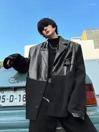 Men's Suits SYUHGFA Wear Korean Casual PU Leather Patchwork Suit Coat For Male 2023 Autumn Loose Simple Long Sleeve Blazers