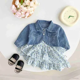 Комплекты одежды, весенне-осенний джинсовый комплект для новорожденных девочек, платье с цветочным принтом, комплект детской модной одежды, два комплекта R231127