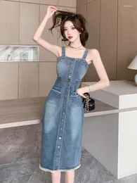 Casual Dresses FMFSSOM Spring Summer Solid Slim Sleeveless Button Lady Dress A Line Spaghetti Strap Single Breasted Women