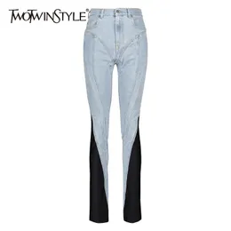 Kadın pantolon s twotyle colorblock patchwork denim kalem pantolon yüksek bel rahat ince kot pantolon kadın moda 2023 Sonbahar 231127