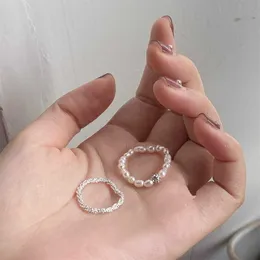 Band Rings 2Pcsset Korean Fashion Sparkling Ring Imitation Pearls Beaded Rings for Women Girls Knuckle Finger Ring Aesthetic Jewelry AA230426