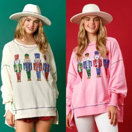 Kvinnors hoodies Sweatshirt S Christmas Nutcracker Sweatshirt Pullover 2024 Year Wear Sequins Versatil Top Cartoon Soldier Pink tröja för kvinnor 231127