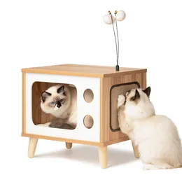 Tappetini Mewoofun Cat House Letto in condominio in legno Coperta a forma di TV Robusto grande rifugio per gatti di lusso Mobili con cuscino Tiragraffi per gatti US