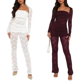 Pantalones de dos piezas para mujer Conjunto de pantalón de cárdigan de manga larga para mujer Ver a través del tubo de encaje Y2K Sexy Bodycon Party Clubwear