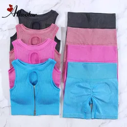 Yoga Outfit ATHVOTAR Wash Zip Yoga Set Ribbed Summer Short Sport Outfit for Woman Knitted Sports Set Push Up Tracksuit High Waist Gym Set P230504