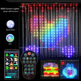 Julekorationer Smart LED RGB Curtain String Lights Bluetooth App Control Christmas Fairy Light Garland Diy Picture Display Party Wedding Decor 231127