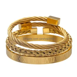 Charm Bracelets 3Pcsset Roman Numeral Mens Stainless Steel Rope Buckle Open Punk Bangles Gold Pseira Bileklik Bracelet Jewelry540453 Dhje3