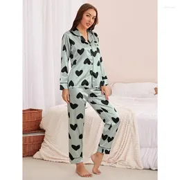 Damen Nachtwäsche Herbst Homewear Pyjamas Chic Print Revers Knopf Langarm 2-teiliges Set Conjuntos De Mujer Wm