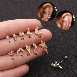 Genuine Female Popular Moon Snake Ear Bone Studs Accessories Stainless Steel Thin Rod Screws Earrings Stud Cubic Zircon Cartilage Ear Piercing ring14K Gold Plated