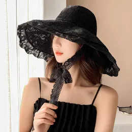 Wide Brim Hats Summer White Lace Fisherman Hat Female Japanese Big Head Circumference Thin Section Breathable Sun Protection with Rope Bob Hat AA230426