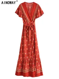 드레스 Boho Summer Vintage Floral Print Wrap Long Dress Women 2021 Fashion v Neck Bow Tie Sashes Maxi Beach Dresses restidos