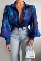 Print Lantern Sleeve Blouses 2023 Fashion Tops Spring Office Lady Vintage Floral Shirt Ladies Button Up Long Sleeve Shirts