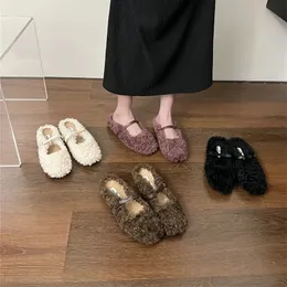 Dress Shoes Bailamos Fashion Mules Furry Slipper's Winter Buckle Sandals Plush Platform Heels Slides Indoor Home M 231127