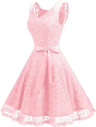 Kurze Heimkehrkleider Rosa Spitze Schleife V-Ausschnitt A-Linie Partykleider Prinzessin Geburtstag Mini Prom Graudation Cocktailparty Kleider 08