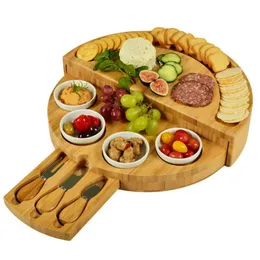 Cheese Tools Bamboo Plate Wooden Breadboard Cutlery Cutter Set Charcuterie Board With Slide Out Drawer Cooking 230427