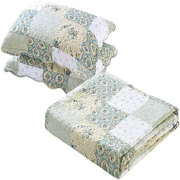 New Reversible 3pc Floral Printed Patchwork Blue Green Bedspread Quilt Set